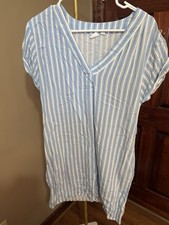 Gap 100% Rayon Blue White Striped V-Neck Tunic Dress S Short Sleeve