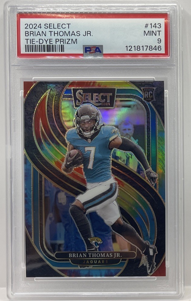 BRIAN THOMAS JR 2024 SELECT PREMIER LEVEL #143 ROOKIE TIE-DYE PRIZM RC /25 PSA 9
