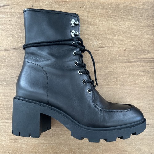 J Crew Refined Black Leather Apron Toe Lace Up Lug Sole Boots Womens Size 8.5 - Picture 5 of 6