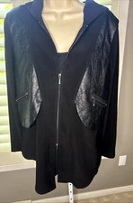 BALI CORP Black Zip Jacket Faux Leather Block Hooded Lightweight Jacket MEDIUM