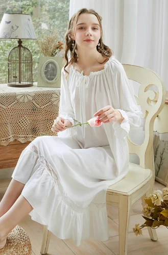 Sexy New Ladies Pyjamas Victorian Vintage Long Sleeve Nightdress-Size-S-XL B1 - Picture 7 of 11