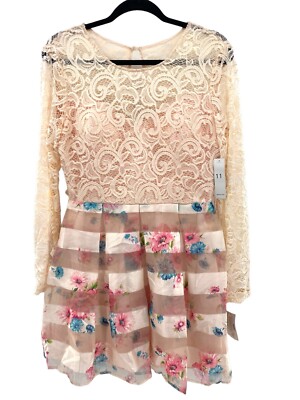 Teeze Me Fit Flare Long Sleeve Lace Mini Dress Brunch Girly Coquette Size 11 NWT