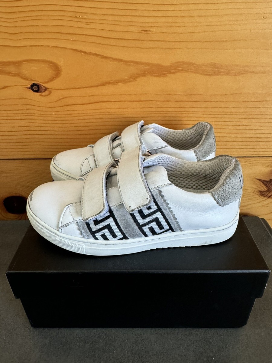 Versace Kids Unisex White Leather Sneakers Size 30 Greca Pattern