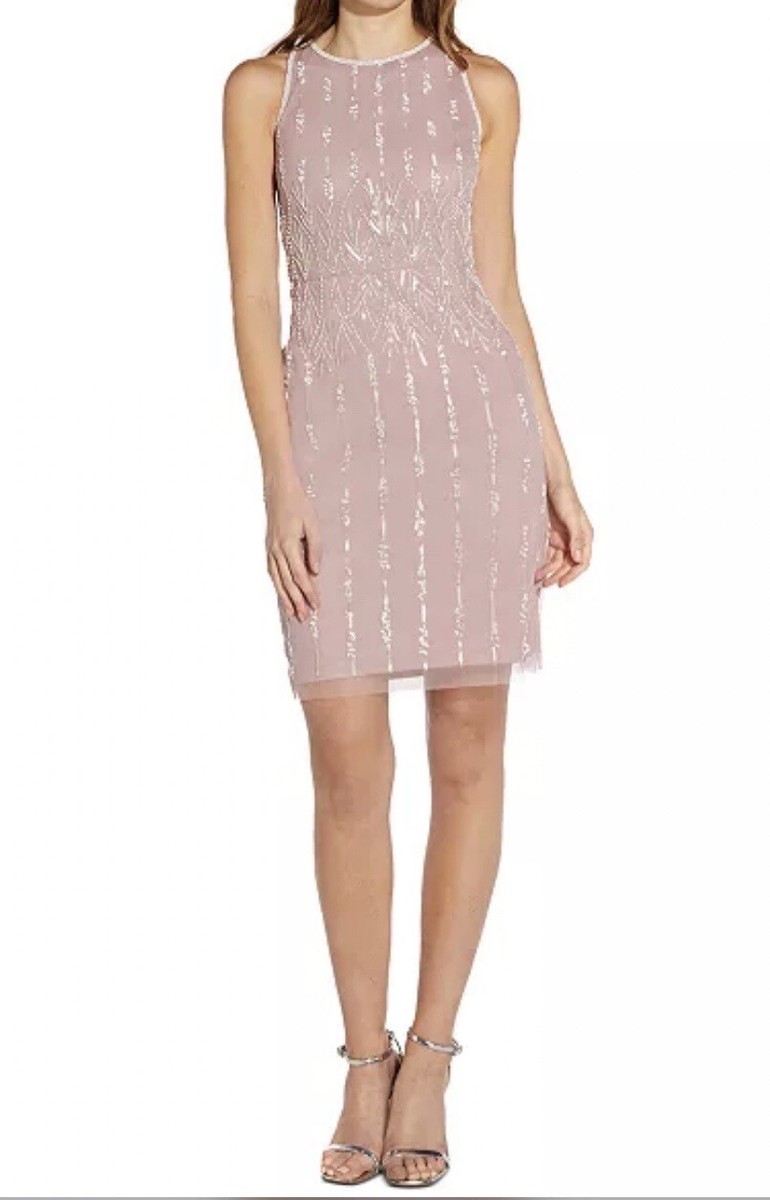 papell studio beaded sheath dress - Dusty Petal/Ivory short sleeves