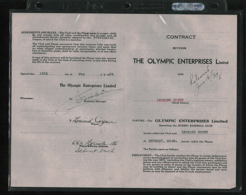 1939 QPBL Quebec Baseball Club Leonard Coyne Contract (402702)
