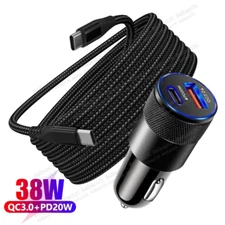 USB + Type C Fast 38W Car Charger Adapter USB C To C Cable For iPhone 15 16 Pro