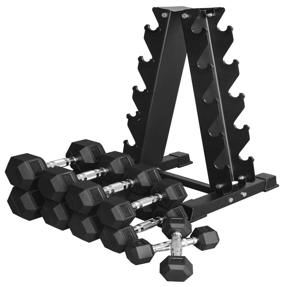Rubber-Coated Hex Dumbbell Set with A-Frame Rack (Pairs) Weight Fitness Curl