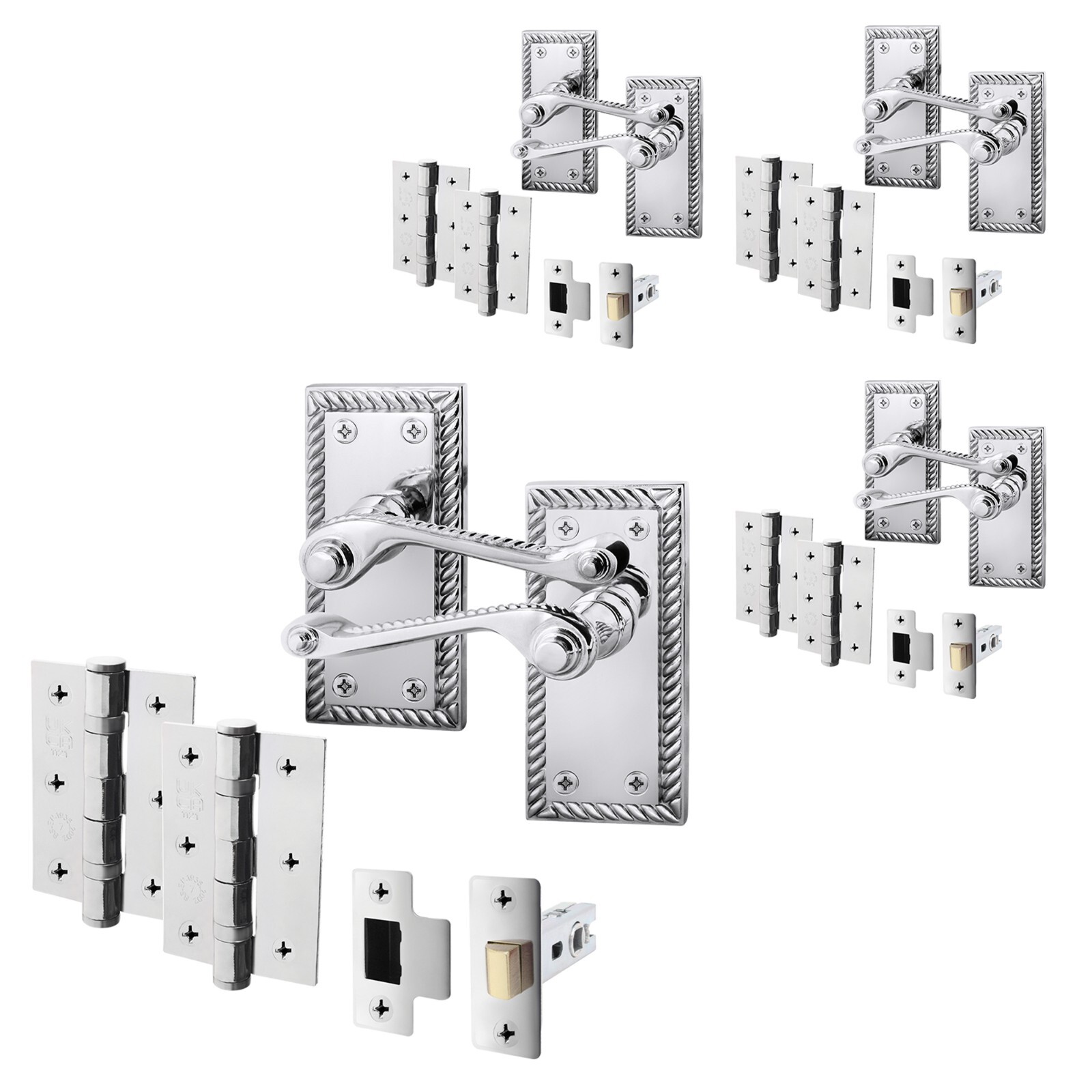 Polished Chrome Georgian Scroll Door Handle & Latch Set with Hinges 76mm, 4 Pack