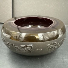 Vintage Heavy Greek Carriage Roman Etched Brown Glass Stone Ashtray Decor Smoke