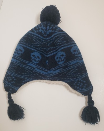 Boys Size S/M Old Navy Fleece Lined Knit Winter Hat w/ Skulls Blue - Picture 3 of 4