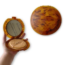Mavco Rho-Jan Antique 5” Lucite Powder Mirror Compact Tortoise-Shell Design