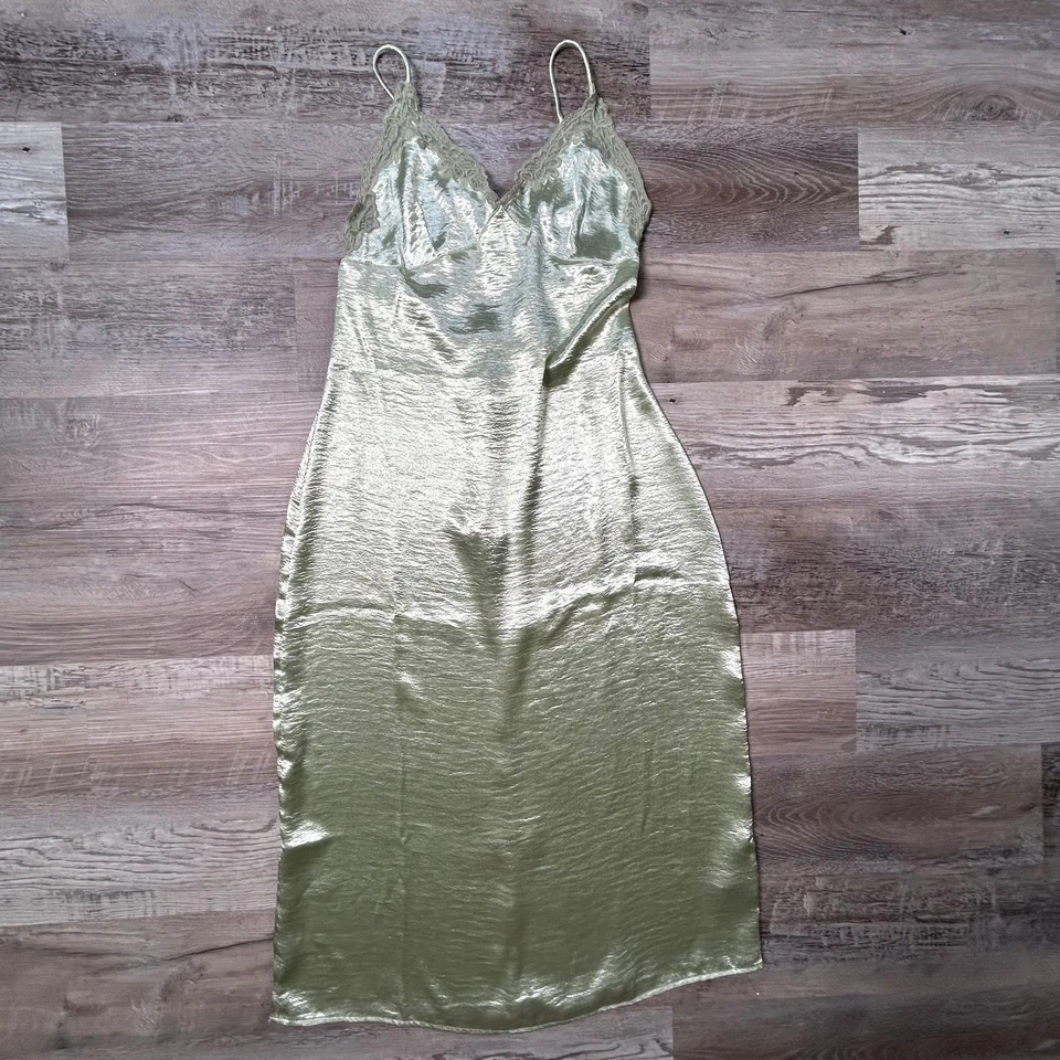Urban Outfitters Chloe Satin Slip Dress Green Lace Trim Large - Image 3 of 4