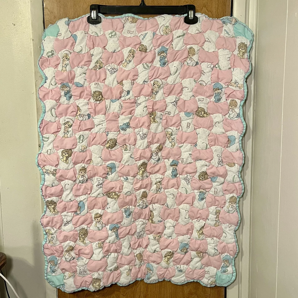 Vintage Precious Moments Puff Quilted Baby Blanket Pastel Handmade 36x26 - Image 2 of 4