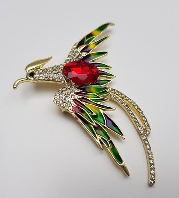 Brosche Anstecknadel 6,5 cm Feuervogel Phönix goldfarben bunt Glitzer B 92