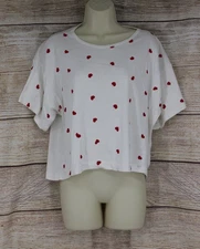 VINTAGE Womens Sz Small Pullover Oversized CrewNeck T-Shirt Cropped White Hearts