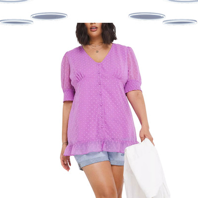 Ex Simply Be Women's Plus Size Short Sleeve Dobby Puff Sleeve Blouse - Lilac