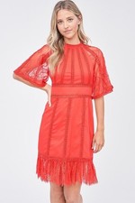Lace Panel Flutter Sleeve Dress - Tomato Red