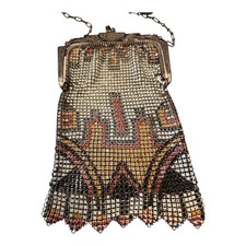 Antique Whiting  Davis Art Deco Enamel Mesh Purse 1920s Chain Handle Scalloped