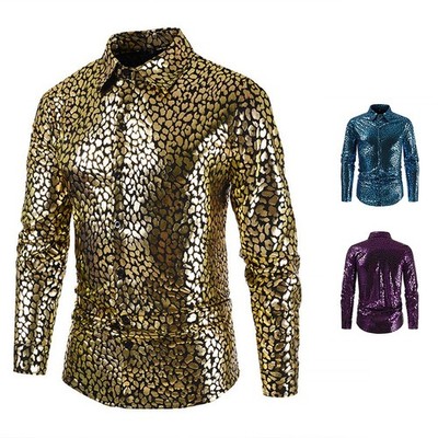 Herren Gothic Renaissance Hemd Langarm Rüschen Schlangenhaut Goldfolie Design Oberteil
