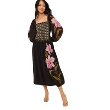 Farm Rio Long Sleeve Midi Dress Square Neck Floral Black Size Medium Tropical