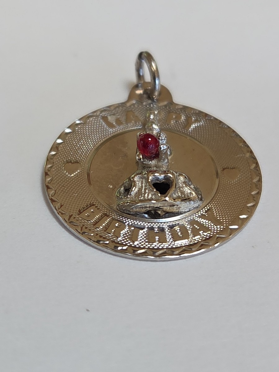 Sterling Silver ~ Happy Birthday Charm ~ RARE GEMSTONE! ~ BIRTHDAY CAKE ~VINTAGE View 3
