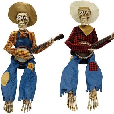 Animated Skull with Light Up eye Halloween Banjo Playing Skeletons Decorations