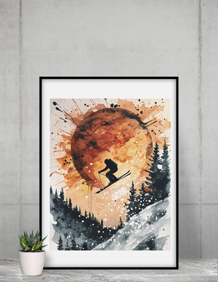 Poster Sonnenuntergang Skisprung - Abstraktes Wintersport Wandbild - leuchtende Farben & Staub