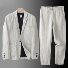 2PC Suit Men's Cotton Linen Blazer Pant Summer Causal Coat Beach Jacket Lapel