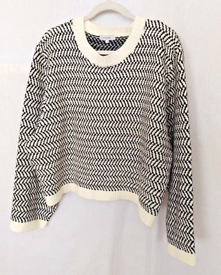 Lilou Herringbone Crew Neck Sweater Long Slv Slightly Cropped Blk Wht XL #16305