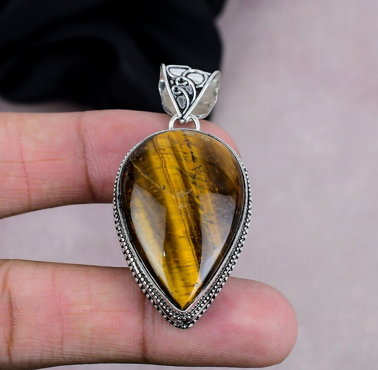 Natural Tiger Eye Gemstone Pendant in 925 Sterling Silver for Her  