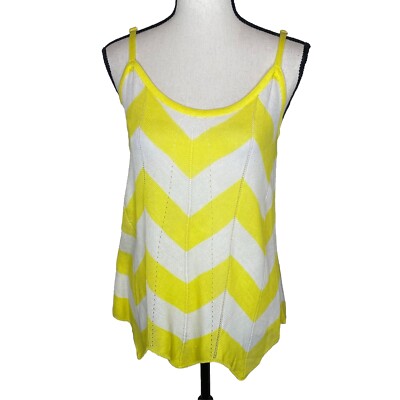 Cache Crochet Knit Top Size M Chevron Stripes Neon Yellow & White Scalloped Hem