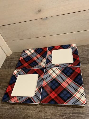 TOMMY HILFIGER Set of 4 Tartan Plaid Red Blue Ceramic Square Appetizer Plates