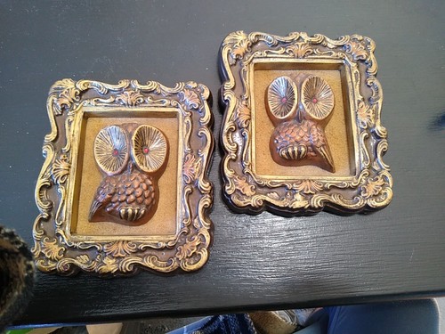 Vintage Chalkware Owl Plaques~Framed - Picture 12 of 20