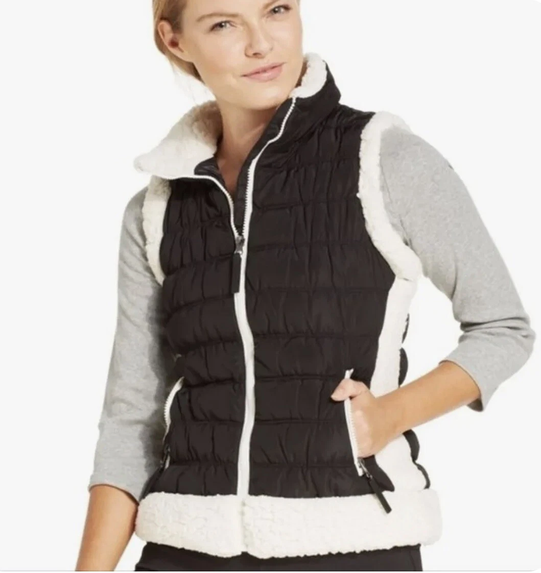 CALVIN KLEIN PERFORMANCE BLACK PUFFER SHERPA TRIMMED VEST Medium