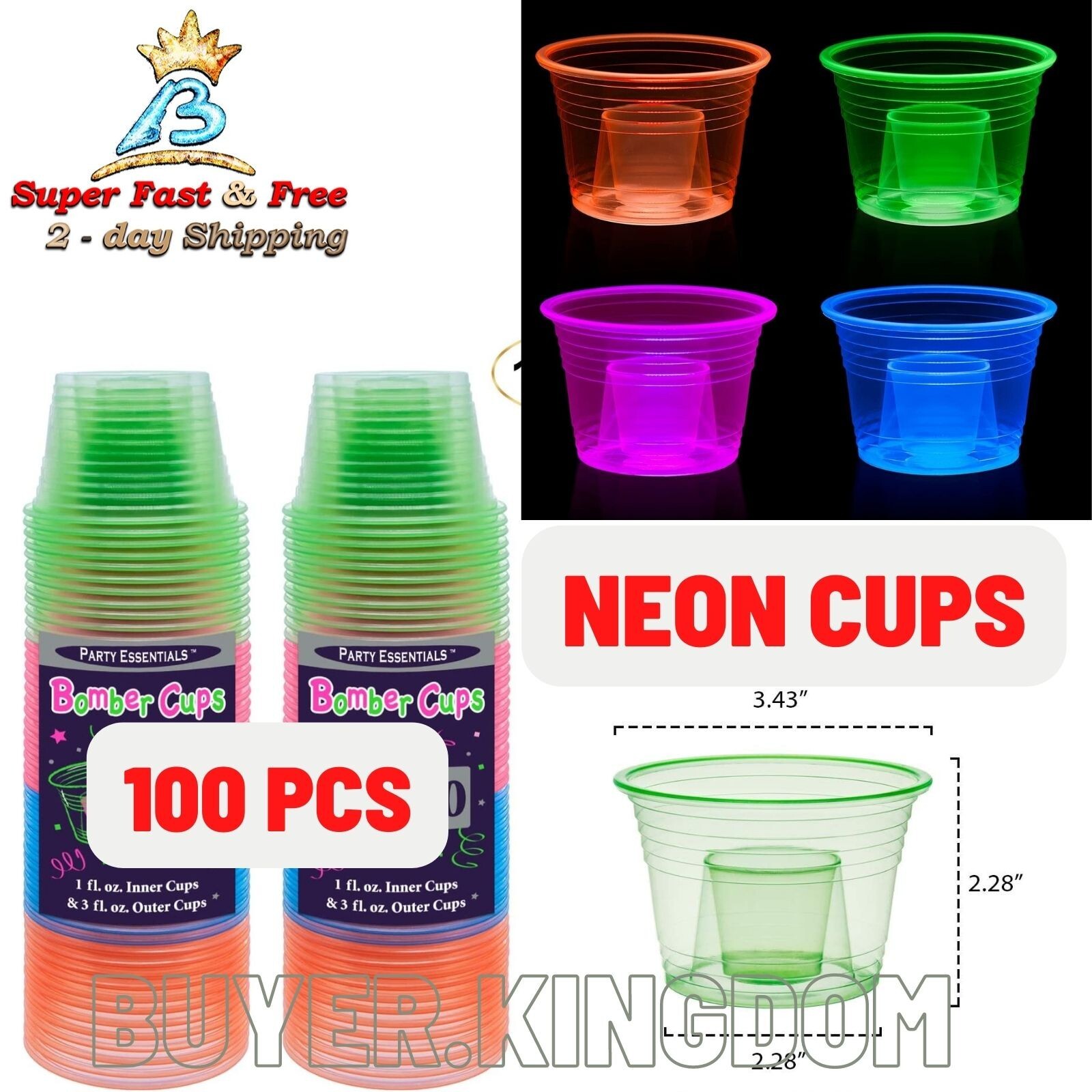 Plastic Bomber Cups Jager Bomb Party Shot Glasses Disposable Neon Pack