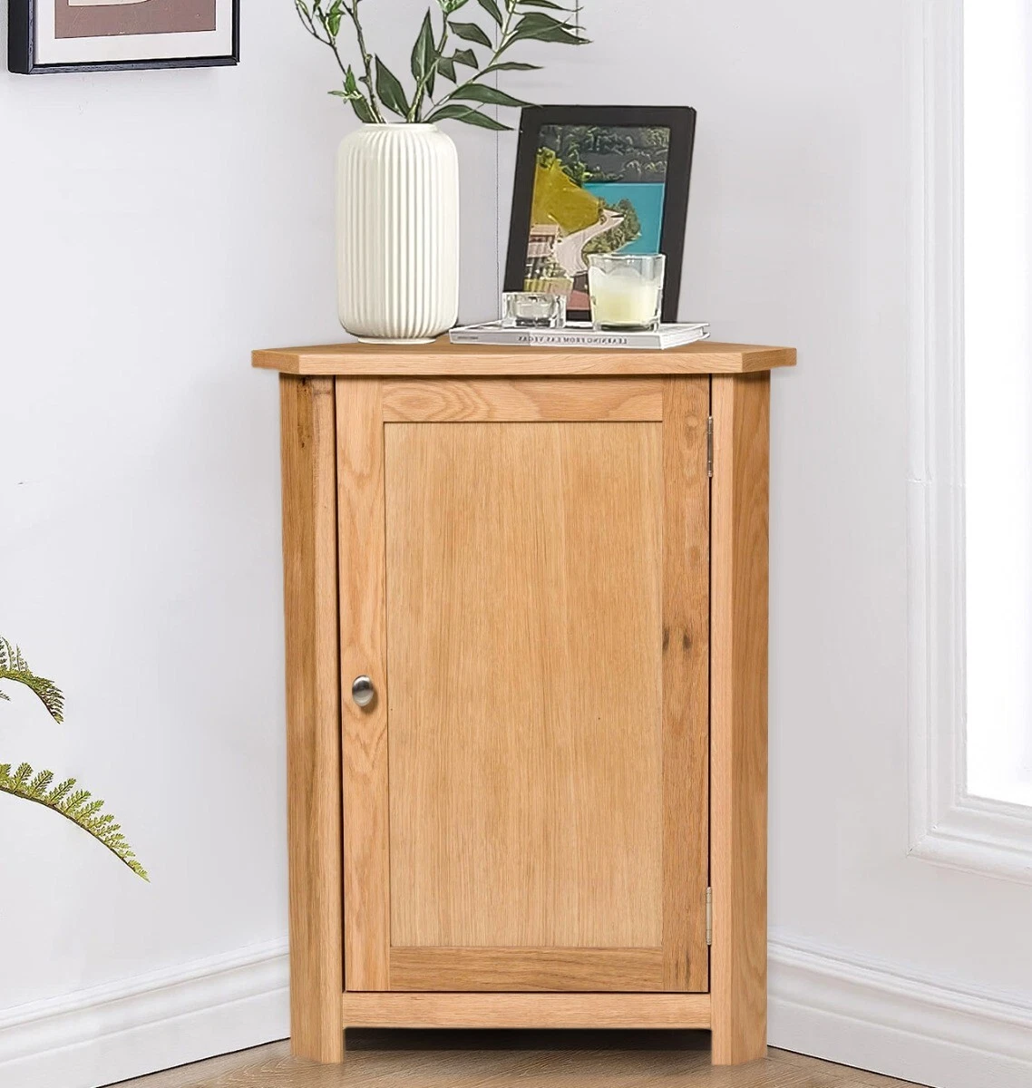 Small Oak Corner Storage Cupboard Low Cabinet with Shelf Solid