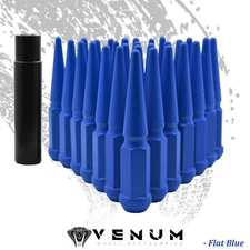20 Pc | Flat Blue | 14x1.5 Metal Spike Lug Nuts + Key Fits Aftermarket Wheels 