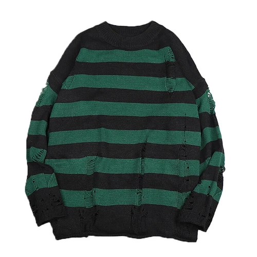 Maglioni a righe neri distrutti strappati maglione uomo pullover maglia foro maglioni - Foto 8 di 21