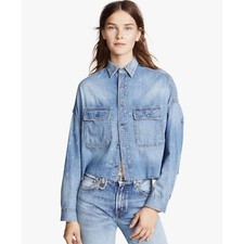 R13 Womens Cropped Style Distressed Hem Denim Jacket Denim Blue Size Medium