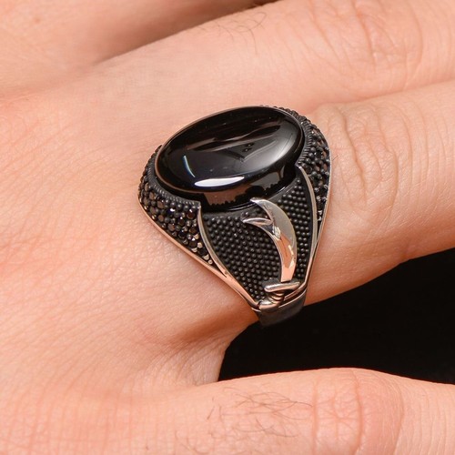 Anillo de plata esterlina 925 vintage de ágata negra natural genuino hecho a mano para hombre - Imagen 2 de 5