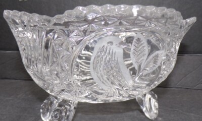 Vintage Hoffbauer Birds On footed Bowl Crystal Deep Candy Dish
