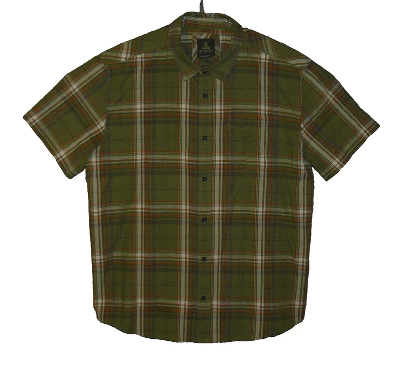 prana button up multicolor plaid short sleeve organic cotton shirt