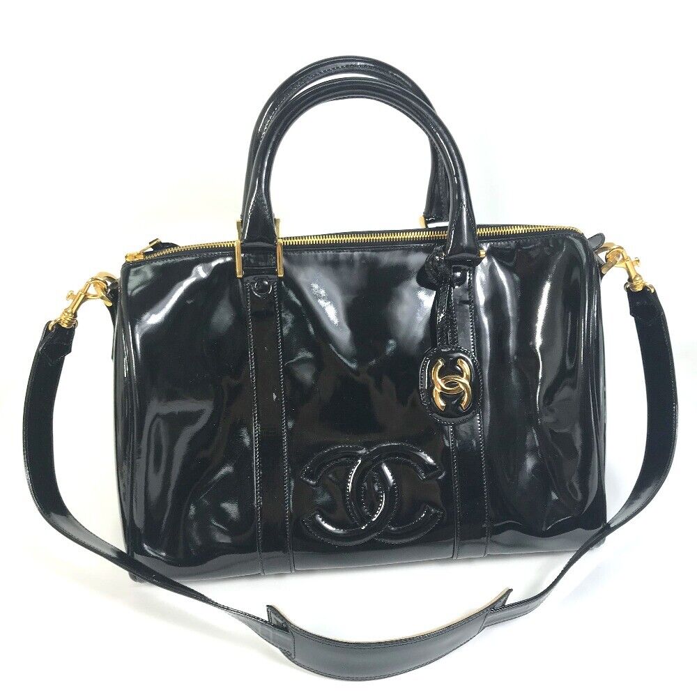 CHANEL CC Mark shoulder bag Hand Bag Duffle Bag patent leather enamel Black