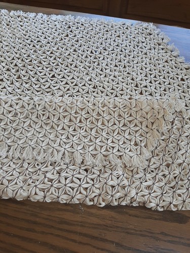 TOVAGLIA MACRAMÈ vintage fatta a mano, esagono marrone chiaro, 43", pezzo conservato, NUOVO - Foto 3 di 7