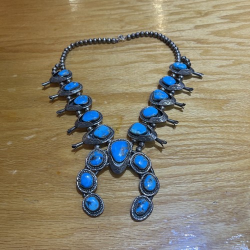 Vintage Southwestern Sterling Türkis Kürbisblüte Halskette 26 Zoll