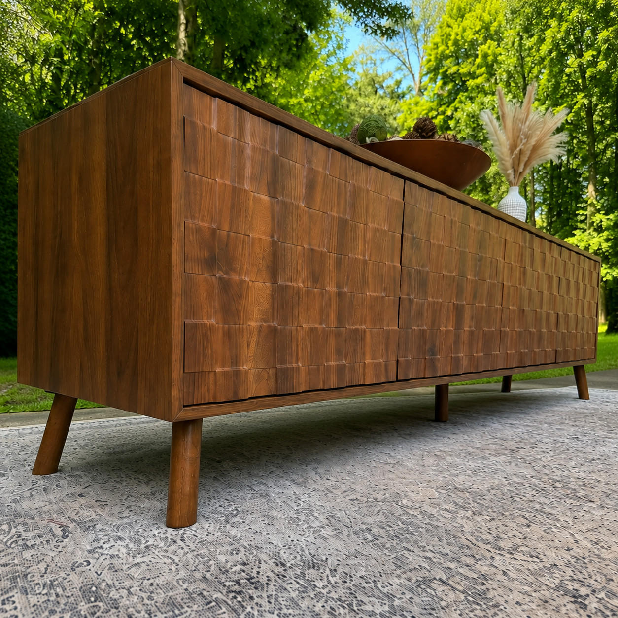 70.8" Mid-Century Modern Walnut 4-Door Textured TV Stand with Solid Wood Legs