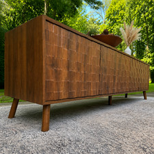 70.8" Mid-Century Modern Walnut 4-Door Textured TV Stand with Solid Wood Legs
