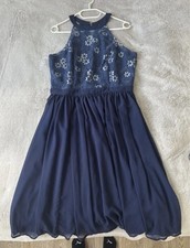 Damen Kleid A-Linie Neckholder ärmellos blau...