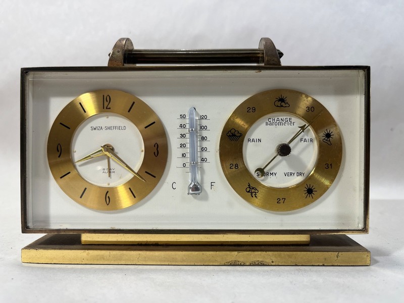 Vintage brass Swiza Sheffield alarm clock barometer thermometer for repair