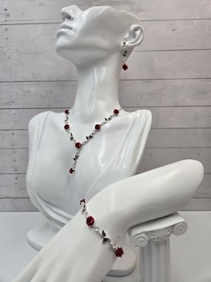 Red Rose Jewelry Set Necklace Bracelet Earrings Silver Tone gothic Floral 157
